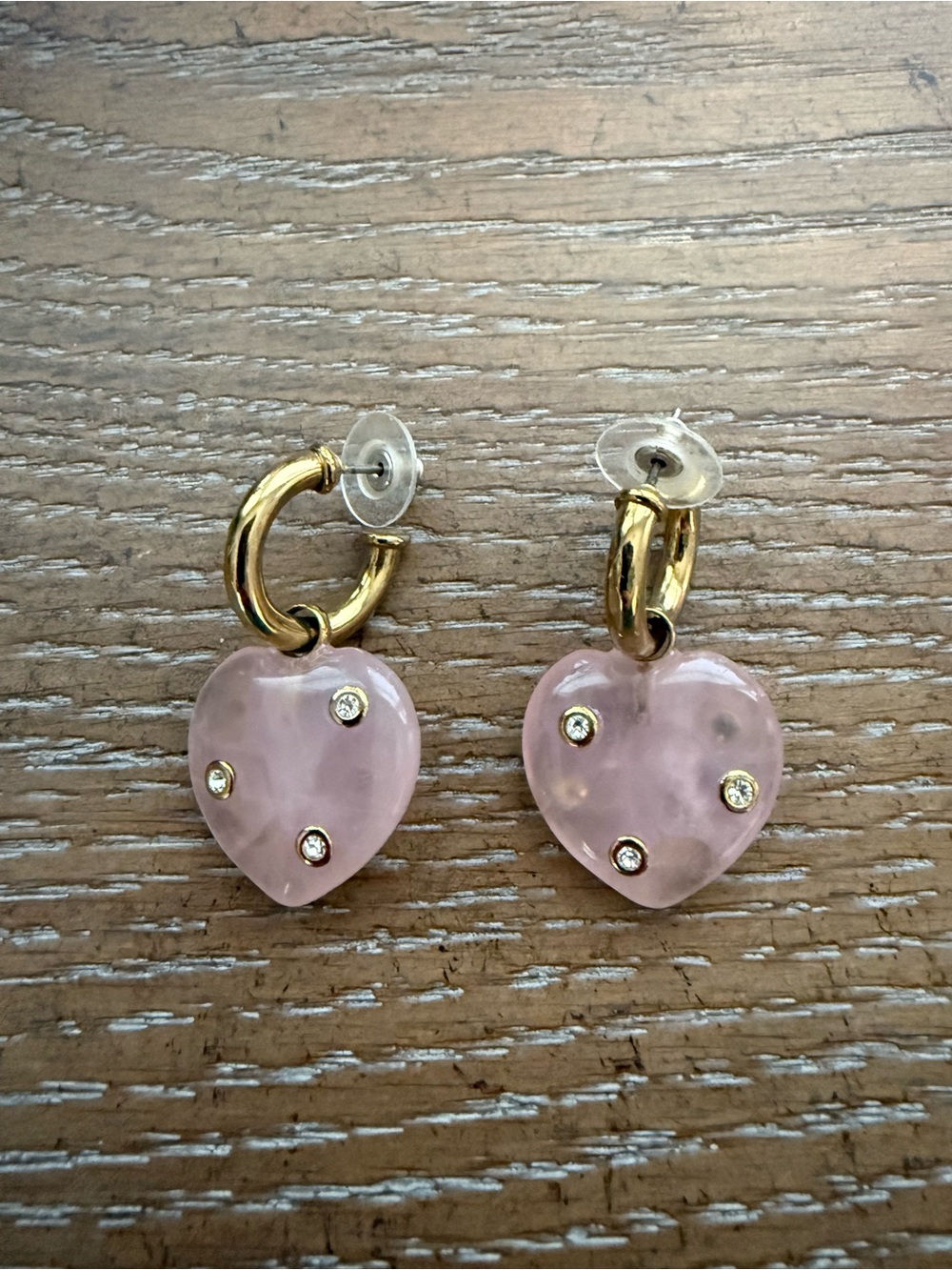 Tuckernuck Gold Hoop Earrings with Pink Heart Charms and Crystal Accents